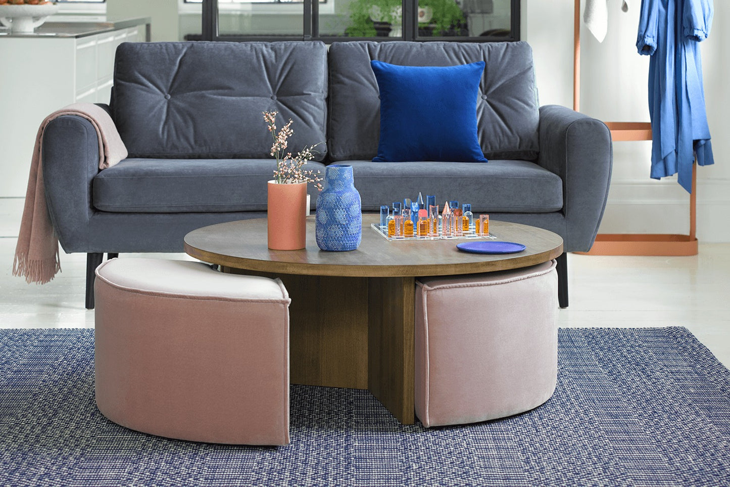 Woody Coffee Table and Nesting Stool Set in Pumice House Basket Weave