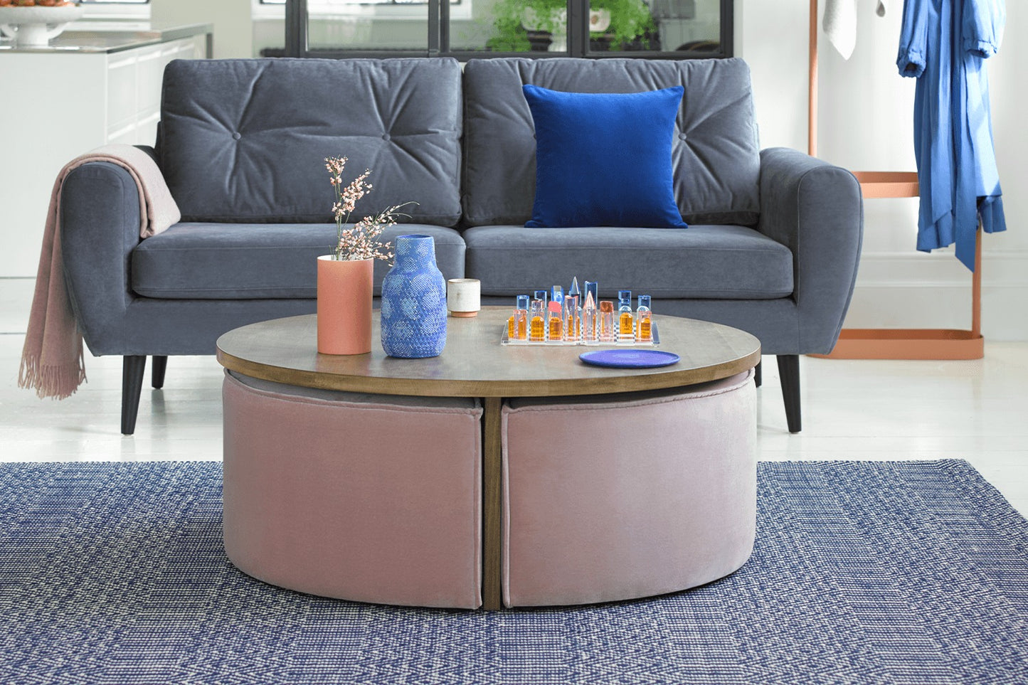Woody Coffee Table and Nesting Stool Set in Pumice House Basket Weave