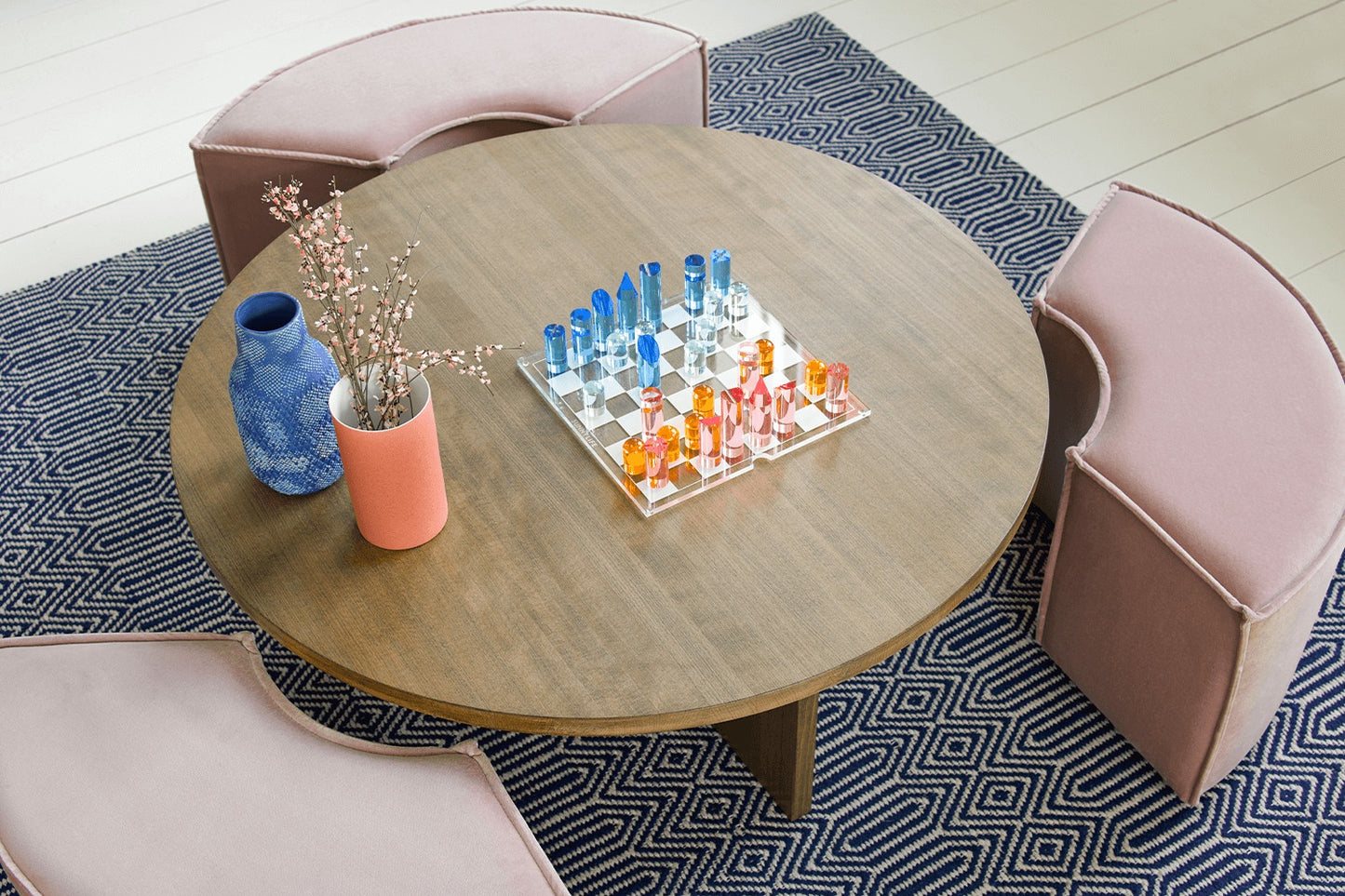 Woody Coffee Table and Nesting Stool Set in Pumice House Basket Weave