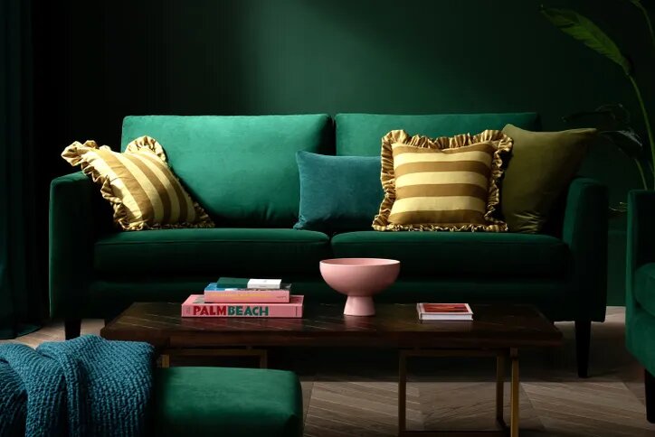 Contemporary Jude Designer Fabric Sofa with angled lines and mahogany tapered legs