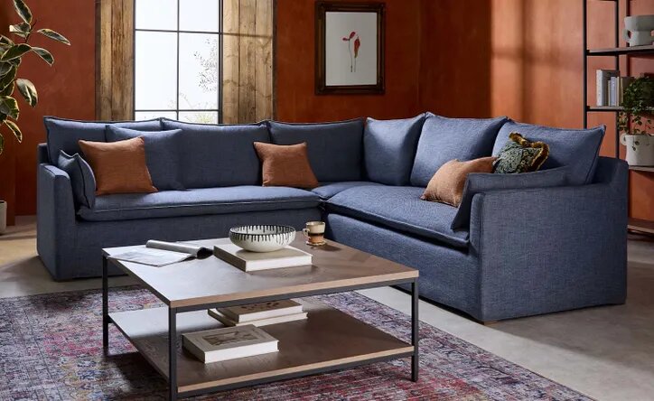 Anders Medium Corner Sofa in Pumice House Basket Weave with feather cushions and minimalist scandi design