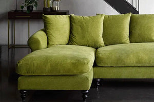 Teddy Chaise Lounge with deep seating and sculpted scroll arms in fabric upholstery