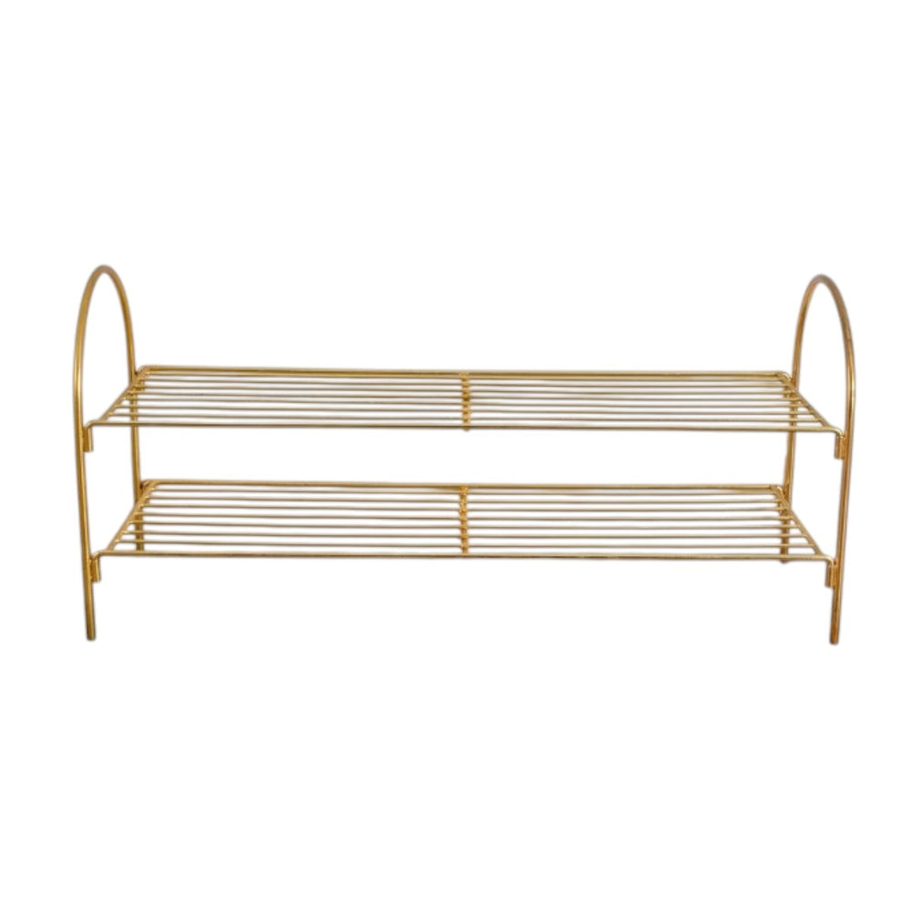Gold Shoe Rack - Storage Capacity View:
Multi-tier gold shoe organizer providing ample storage for footwear