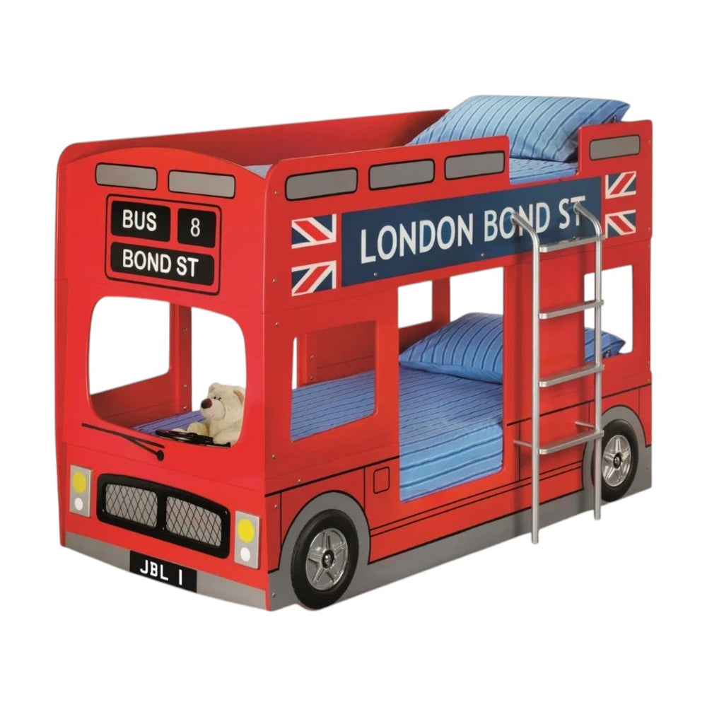 Julian Bowen London Bus Bunk Bed – Red Double Decker Children's Wooden Bunk Bed Frame with Ladder & Safety Guard Rails | Single Sleeper Kids Bed
