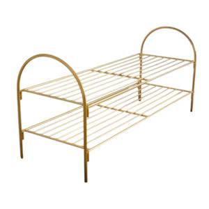 Gold Shoe Rack - Angled View:
Modern gold shoe rack designed for stylish footwear organization
