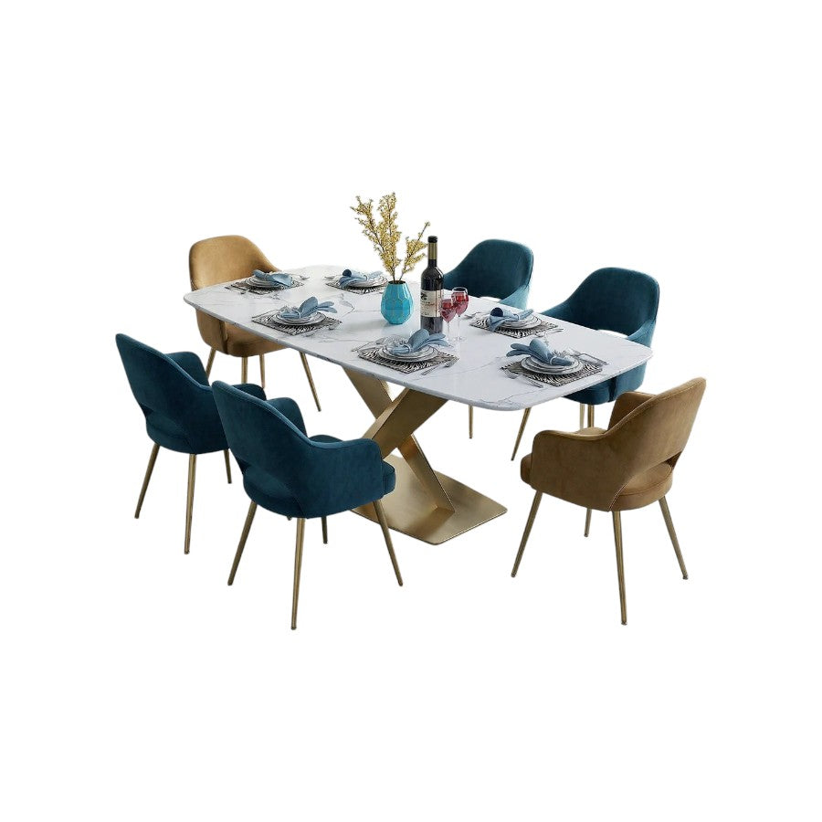 LUCI Marble Dining Table with Gold Metal Base, Modern White Dining Table, Luxury Contemporary Kitchen & Dining Room Table