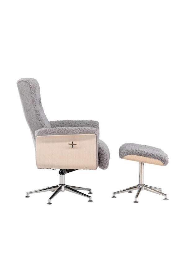Hagön Lounge Chair with Footstool – Grey Fur Fabric – Adjustable Backrest – Nordic Modern Design