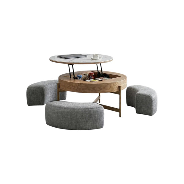 Josiah Round Lift-Top Coffee Table with Storage – Modern Sintered Stone Top Coffee Table in Black & Walnut Finish, Steel Frame Living Room Center Table