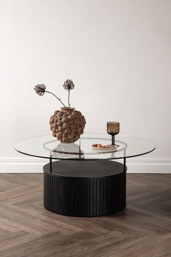 Mmilo Bovall Sofa Table, Black, 90cm | Glass Top with Ash & Metal Frame