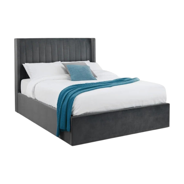 Langham Scalloped Ottoman Storage Bed Frame – Upholstered Fabric Bed with Lift-Up Storage – Grey or Teal