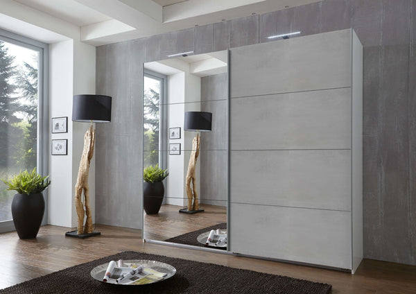 Alfor Mirrored Sliding Door Wardrobe 225 cm | Concrete Grey Finish, Modern Bedroom Storage - My Store