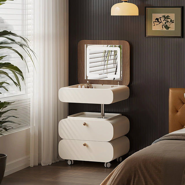 Collins Lift-Up Rotating Dressing Table & Bedside Table – Walnut & White with Hidden Mirror & Optional Bouclé Stool