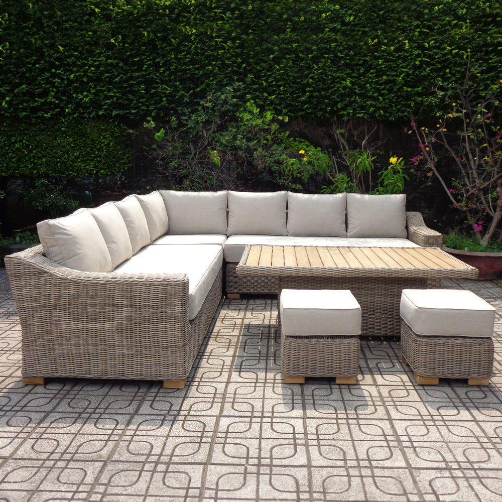 Capri Outdoor Large Corner Set with Riser Table & 2 Stools HDPE Wicker, Aluminum Frame & Olefin Cushions