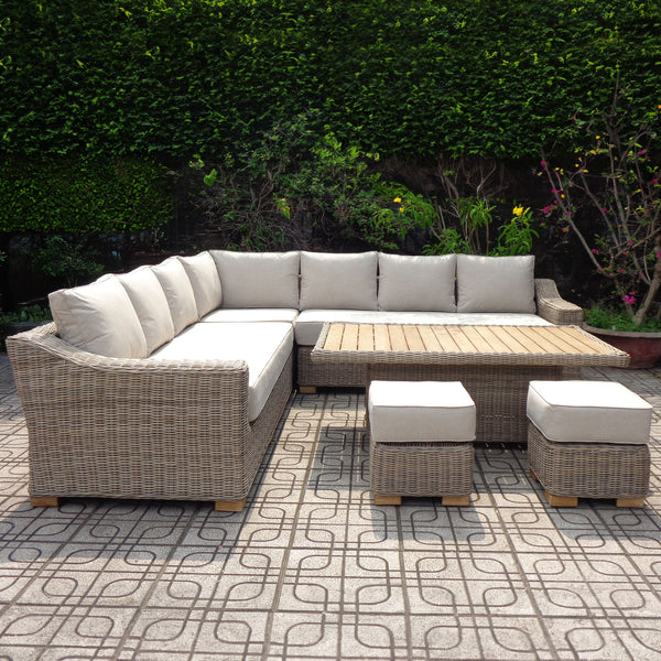 Capri Outdoor Large Corner Set with Riser Table & 2 Stools HDPE Wicker, Aluminum Frame & Olefin Cushions