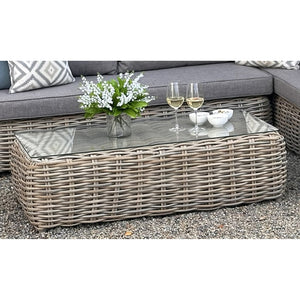 Amalfi Collection Outdoor Large Corner Set – Beige Fabric & Glass Table, Metal Frame, Weather-Resistant Synthetic Wicker