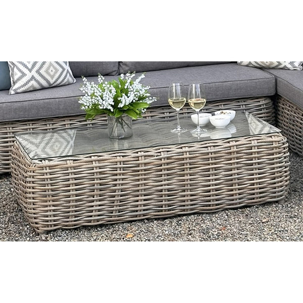 Amalfi Collection Outdoor Large Corner Set – Beige Fabric & Glass Table, Metal Frame, Weather-Resistant Synthetic Wicker