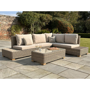 Capri Collection Outdoor Large Corner and Coffee Table Set – Beige Fabric & Glass, Metal Frame, Weather-Resistant Synthetic Wicker