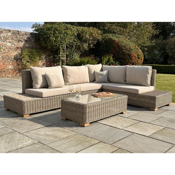 Capri Collection Outdoor Large Corner and Coffee Table Set – Beige Fabric & Glass, Metal Frame, Weather-Resistant Synthetic Wicker