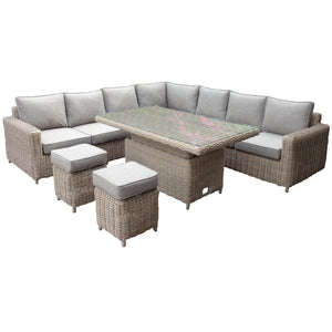 Amalfi Outdoor Large Corner Set with Adjustable Riser Table & 2 Stools – Modular HDPE Wicker & Powder-Coated Aluminium