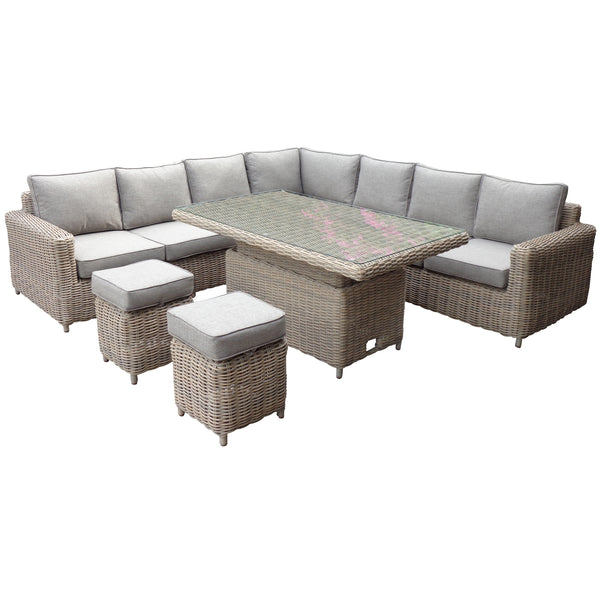 Amalfi Outdoor Large Corner Set with Adjustable Riser Table & 2 Stools – Modular HDPE Wicker & Powder-Coated Aluminium