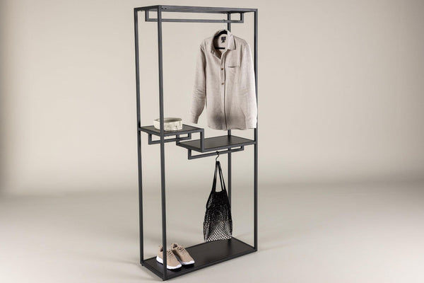 Staal Clothing Hanger, Black | Modern Steel Clothes Rack with Shelves