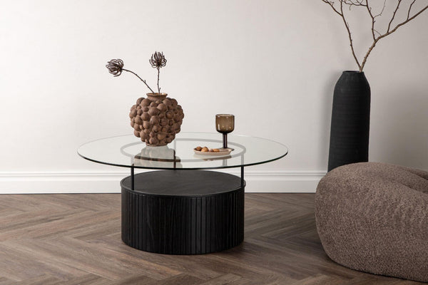 Mmilo Bovall Sofa Table, Black, 90cm | Glass Top with Ash & Metal Frame