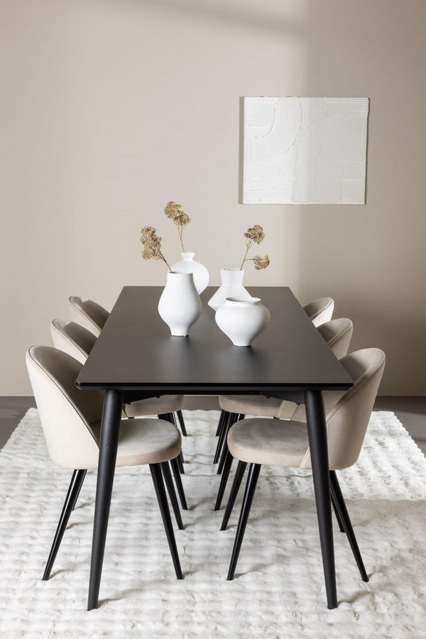 Ellis Dining Table with Velvet Dining Chairs | Modern Black Table & Beige Velvet Chairs, 6-Seater
