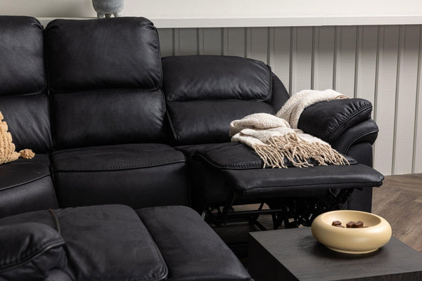 Saranda Recliner Corner Sofa, Black – Luxurious Microfiber L-Shaped Sofa with Electric Recliner Function, Spacious and Comfortable Seating for Living Room