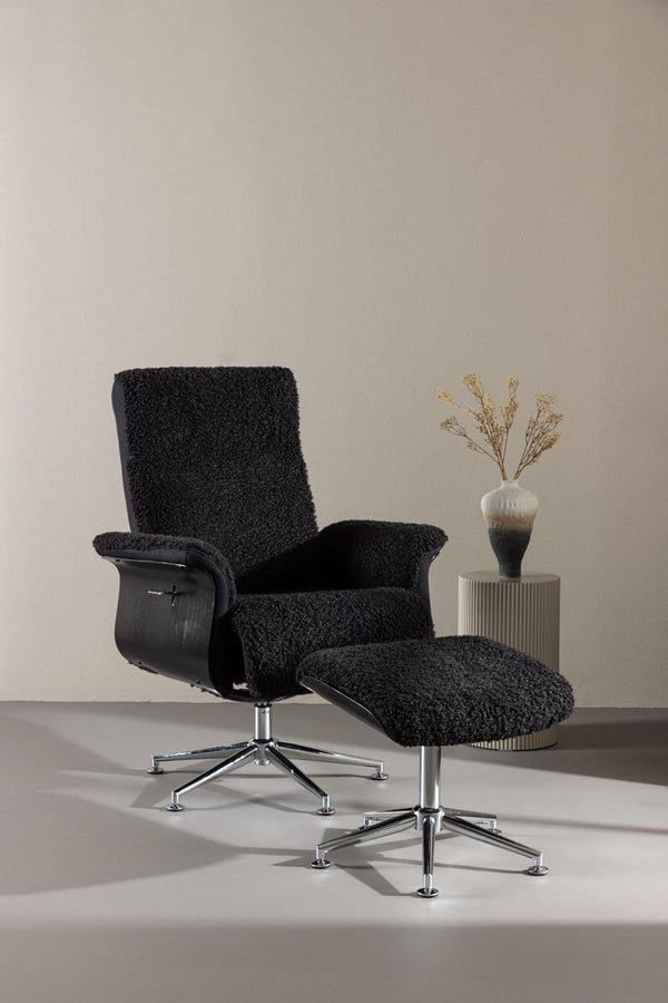 Hagön Lounge Chair with Footstool – Dark Grey Fur Fabric – Adjustable Backrest – Modern Nordic Design