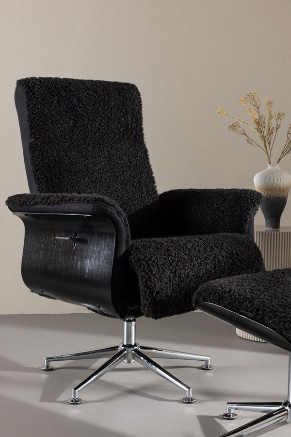 Hagön Lounge Chair with Footstool – Dark Grey Fur Fabric – Adjustable Backrest – Modern Nordic Design