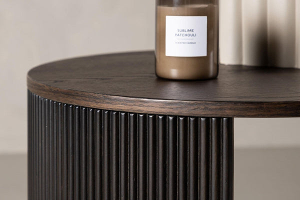 Bristol Sofa Table – Mocca Veneer, Round Coffee Table with Ribbed Wood Frame, 45 cm Height, Mmilo Venture Home Collection