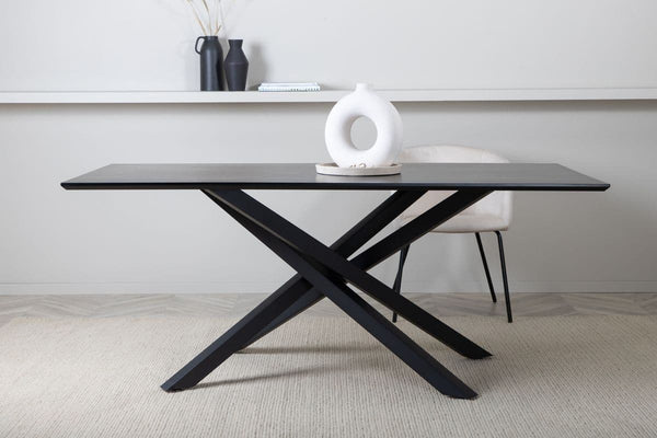 Piazza Rectangular Dining Table 180x90 cm | Black MDF Veneer Top with Iron Cross Legs