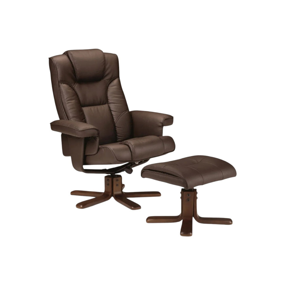 Malmo Faux Leather Swivel Recliner Chair & Matching Footstool with Walnut Finish Base