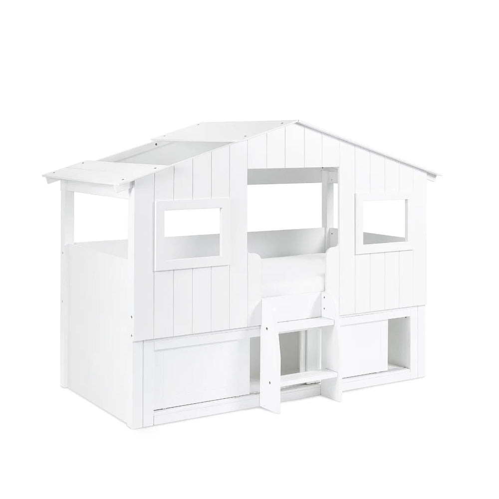 Acorn Treehouse Midsleeper Bed with Underbed Sliding Storage Unit, White Wooden Kids Cabin Bed with Roof Design, Windows & Step Ladder