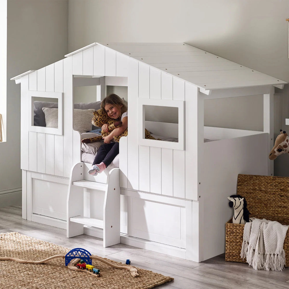 Acorn Treehouse Midsleeper Bed with Underbed Sliding Storage Unit, White Wooden Kids Cabin Bed with Roof Design, Windows & Step Ladder