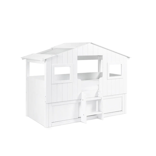 Acorn Treehouse Midsleeper Bed with Underbed Sliding Storage Unit, White Wooden Kids Cabin Bed with Roof Design, Windows & Step Ladder