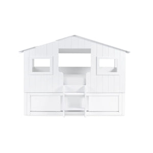 Acorn Treehouse Midsleeper Bed with Underbed Sliding Storage Unit, White Wooden Kids Cabin Bed with Roof Design, Windows & Step Ladder