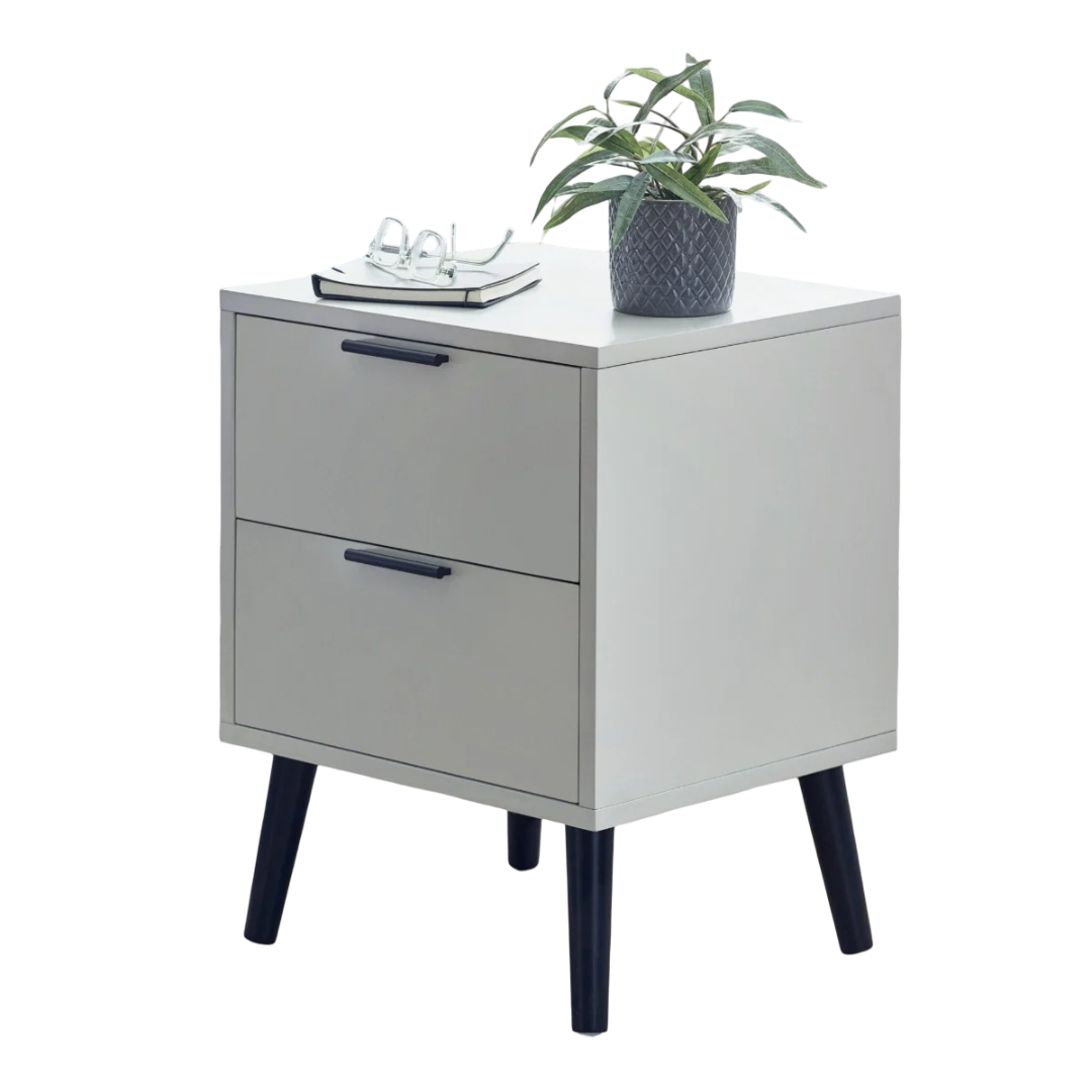 Alba 2 Drawer Bedside Table Silk Grey Soft Close Drawers Metal Handles