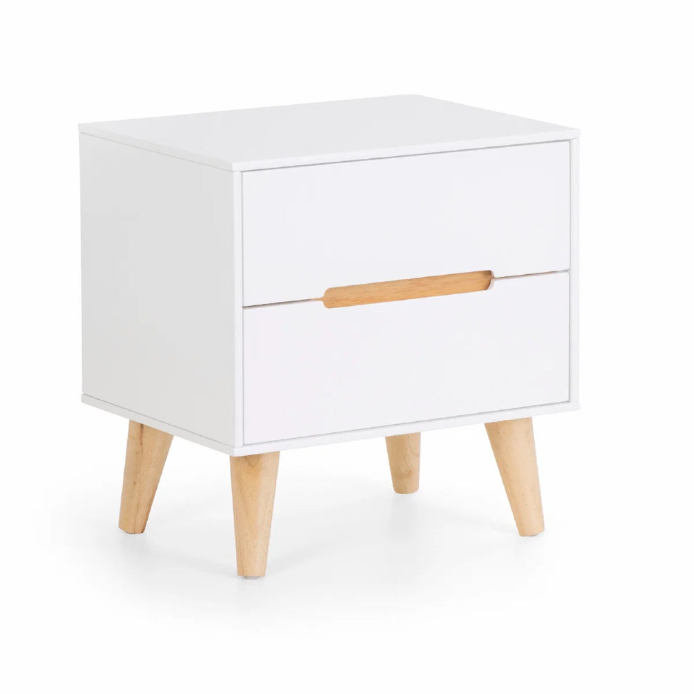 Julian Bowen Alicia 2 Drawer Bedside Table – White Matt Lacquer Finish with Oak Effect Legs, Scandinavian Nightstand with Recessed Handles
