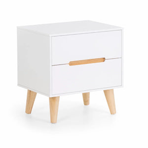 Julian Bowen Alicia 2 Drawer Bedside Table – White Matt Lacquer Finish with Oak Effect Legs, Scandinavian Nightstand with Recessed Handles