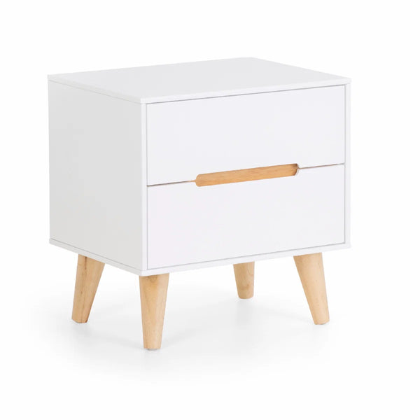 Julian Bowen Alicia 2 Drawer Bedside Table – White Matt Lacquer Finish with Oak Effect Legs, Scandinavian Nightstand with Recessed Handles