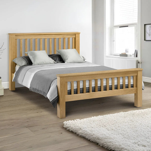 Amsterdam Solid Oak High Foot End Bed Frame – Shaker Style Wooden Bed with Sprung Slatted Base