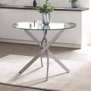 Anderson Round Tempered Glass Dining Table with Chrome Crossover Base – Modern 100cm Circular Kitchen & Dining Table