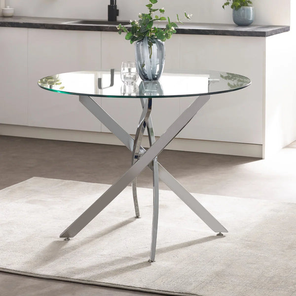 Anderson Round Tempered Glass Dining Table with Chrome Crossover Base – Modern 100cm Circular Kitchen & Dining Table