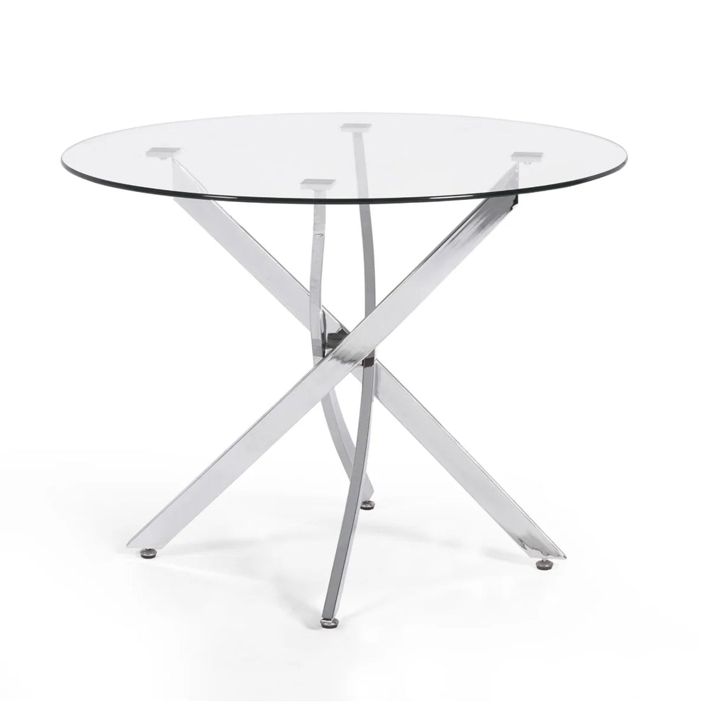 Anderson Round Tempered Glass Dining Table with Chrome Crossover Base – Modern 100cm Circular Kitchen & Dining Table