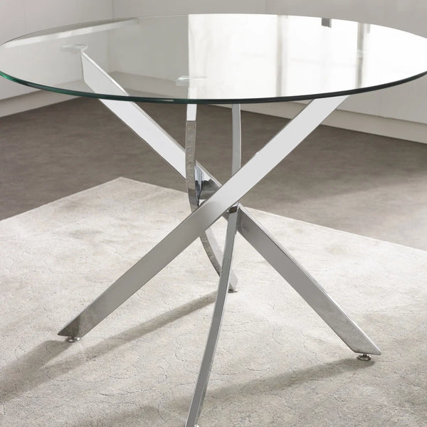Anderson Round Tempered Glass Dining Table with Chrome Crossover Base – Modern 100cm Circular Kitchen & Dining Table