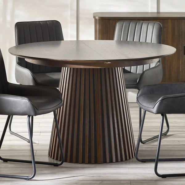 Arya Dark Oak Extending Dining Table – Japandi Round to Oval MDF Veneer Dining Table (200cm)