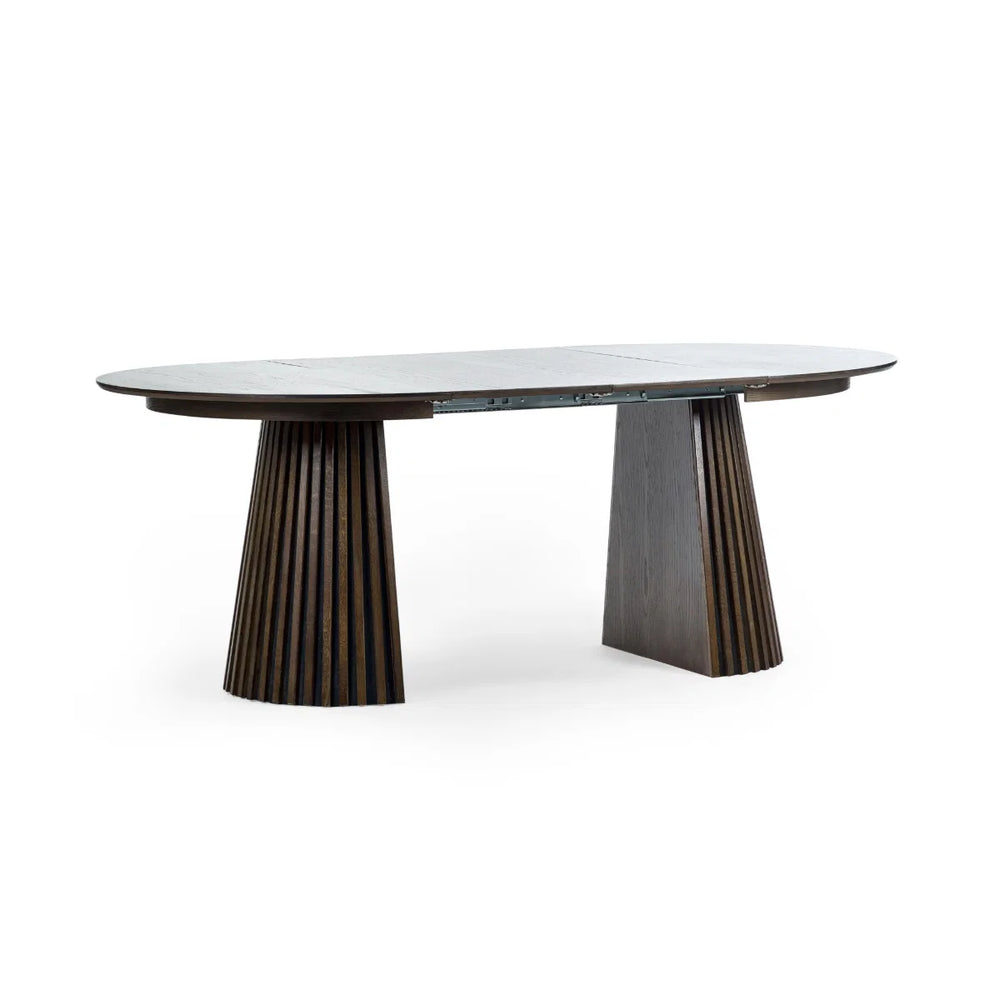 Arya Dark Oak Extending Dining Table – Japandi Round to Oval MDF Veneer Dining Table (200cm)