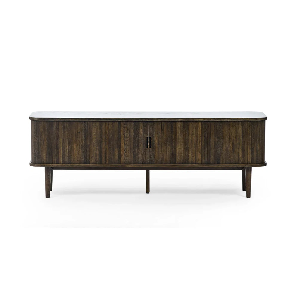 Julian Bowen Arya Media Unit with Sliding Tambour Doors, Dark Oak Effect TV Stand with Shelves, Modern Entertainment Storage Cabinet