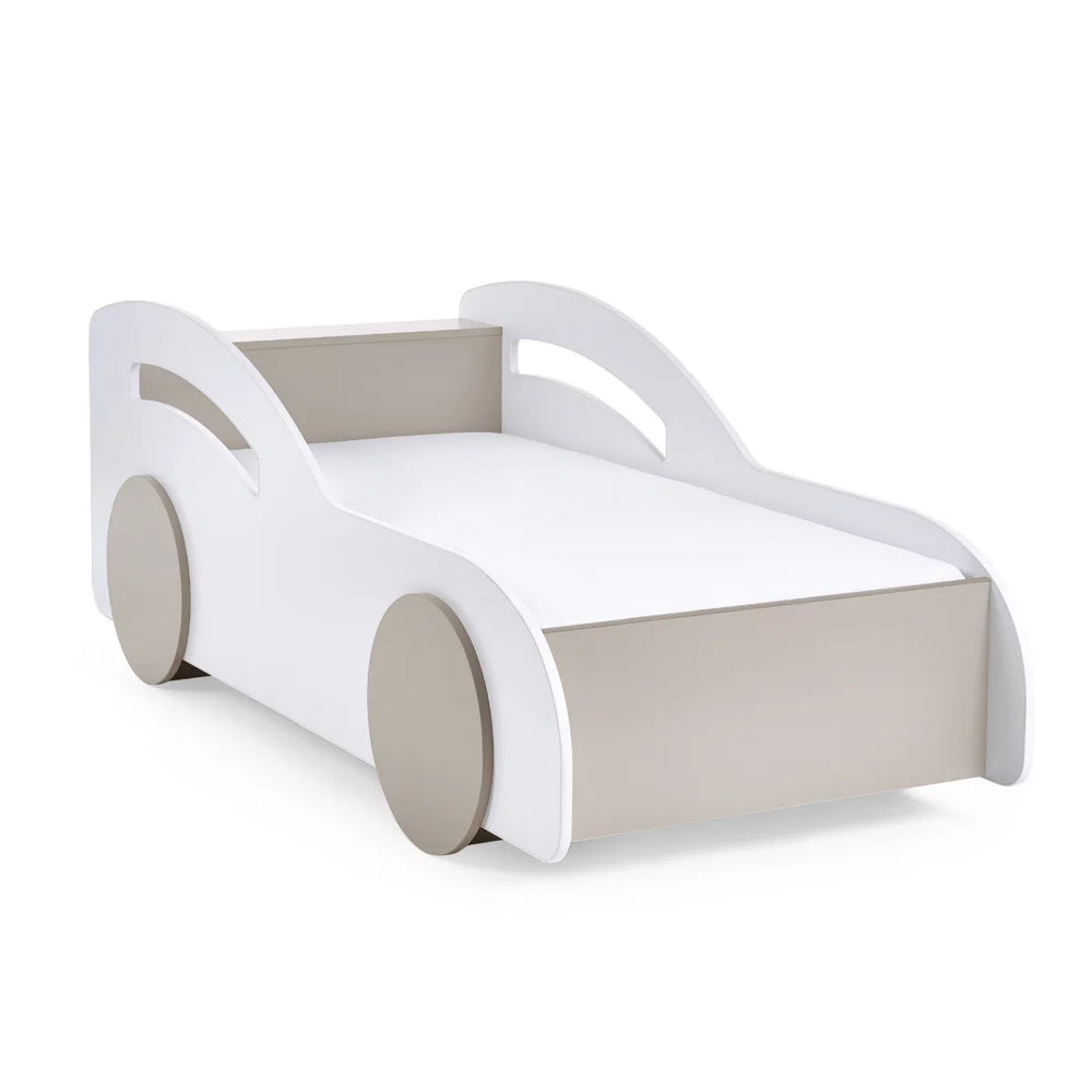 Julian Bowen Atlantis Toddler Car Bed – White & Taupe Kids Racing Bed Frame for 70 x 140cm Cot Bed Mattress